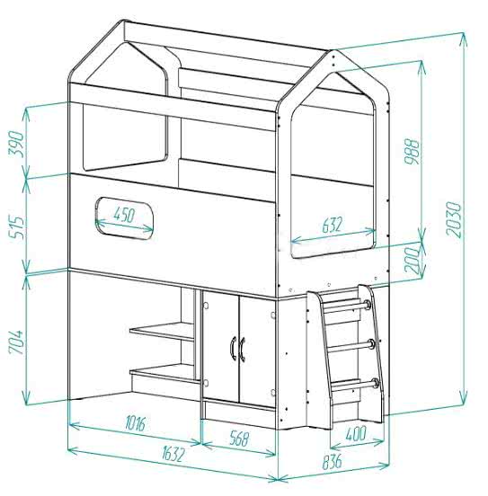 Схема кровати-чердака с размерами, окошком в бортике и лестницей, компактная конструкция