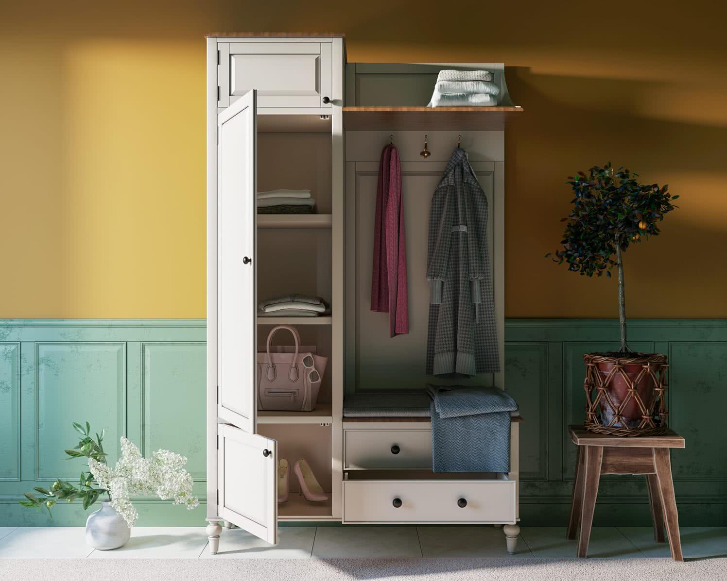 Прихожая-шкаф Этажерка Ordi od2125/2, Готовые прихожие Этажерка, деревянные, прованс, скандинавский стиль, с полками, с ящиками