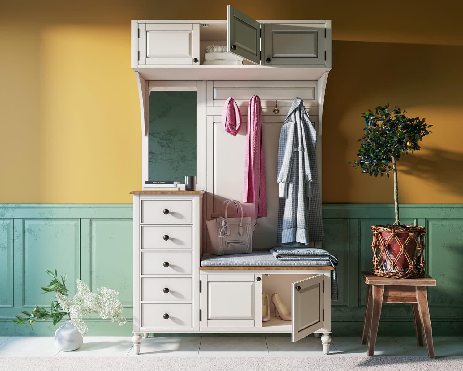 Прихожая Этажерка Ordi с ящиками od2125L, Готовые прихожие Этажерка, деревянные, прованс, скандинавский стиль, с полками, с ящиками