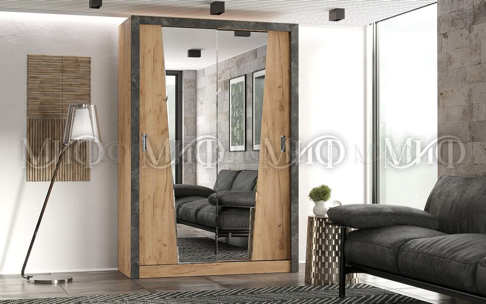 Шкаф-купе Миф Соренто 1,5 м с зеркалом в современном интерьере, фасады ЛДСП под дерево