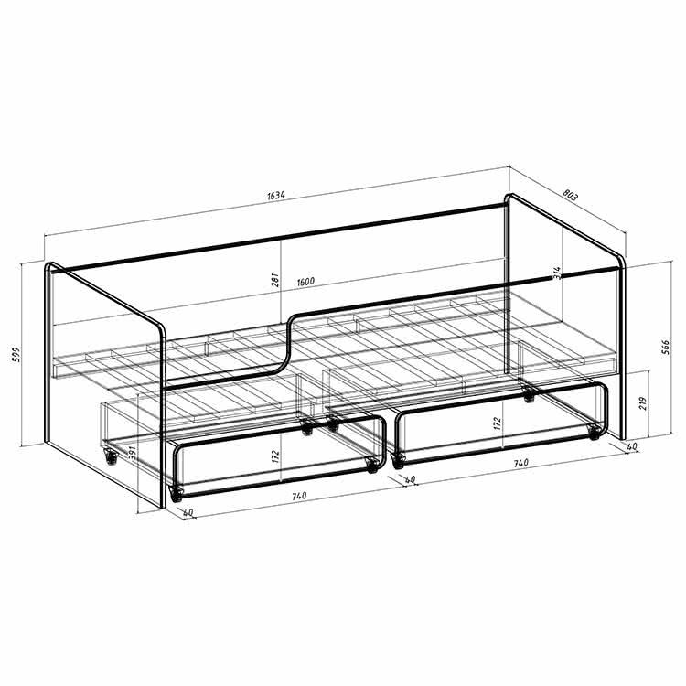 Чертеж кровати Легенда К201 с размерами и возможностью установки ящиков