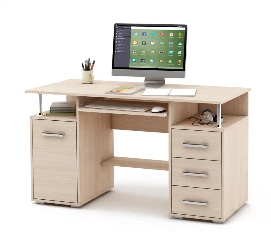 Компьютерный стол ВМФ Амбер-6К светлого дерева с ящиками и полкой, монитор на столе