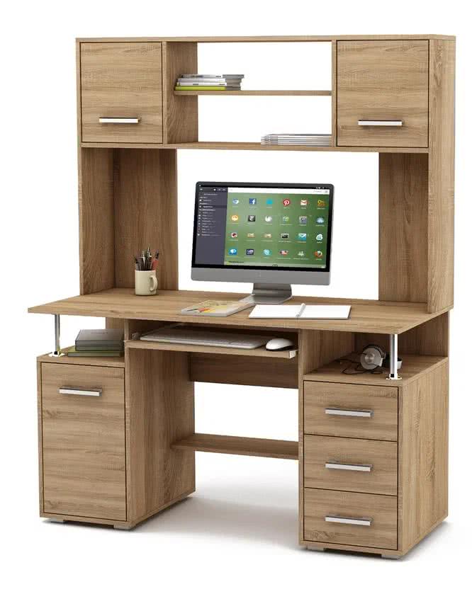 Компьютерный стол ВМФ Амбер-18К в светло-дубовом цвете с надстройкой, ящиками и полками
