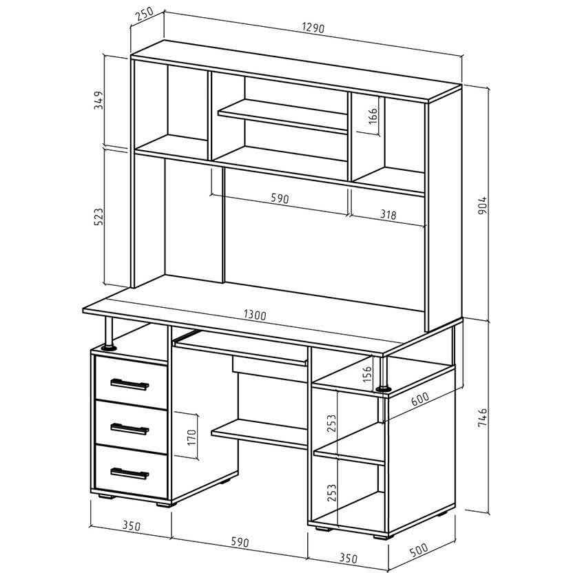 Схема размеров стола ВМФ Амбер-19К с подробными параметрами и секциями
