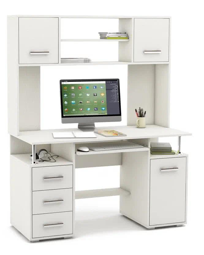 Компьютерный стол ВМФ Амбер-19К белого цвета с надстройкой и ящиками