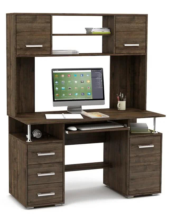 Стол ВМФ Амбер-19К в темном дереве с полками и выдвижными ящиками