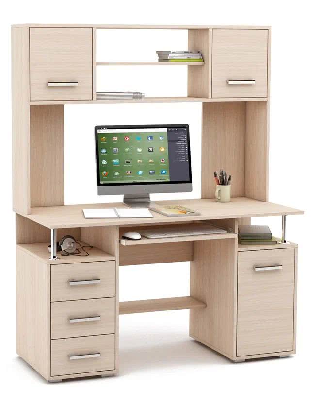 Стол ВМФ Амбер-19К с ящиками и надстройкой в цвете светлый дуб