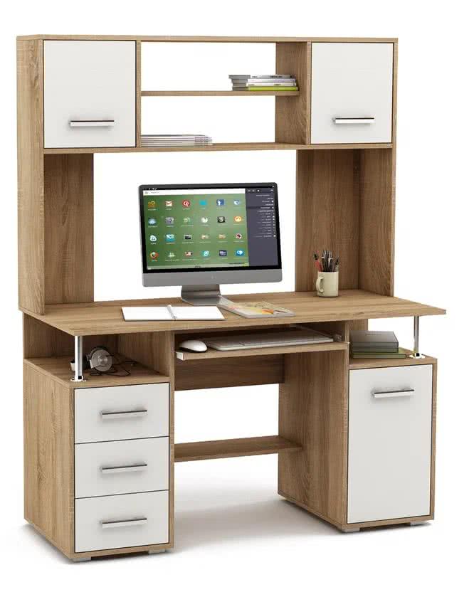 Стол Амбер-19К с белыми фасадами и корпусом под дерево, выдвижные ящики