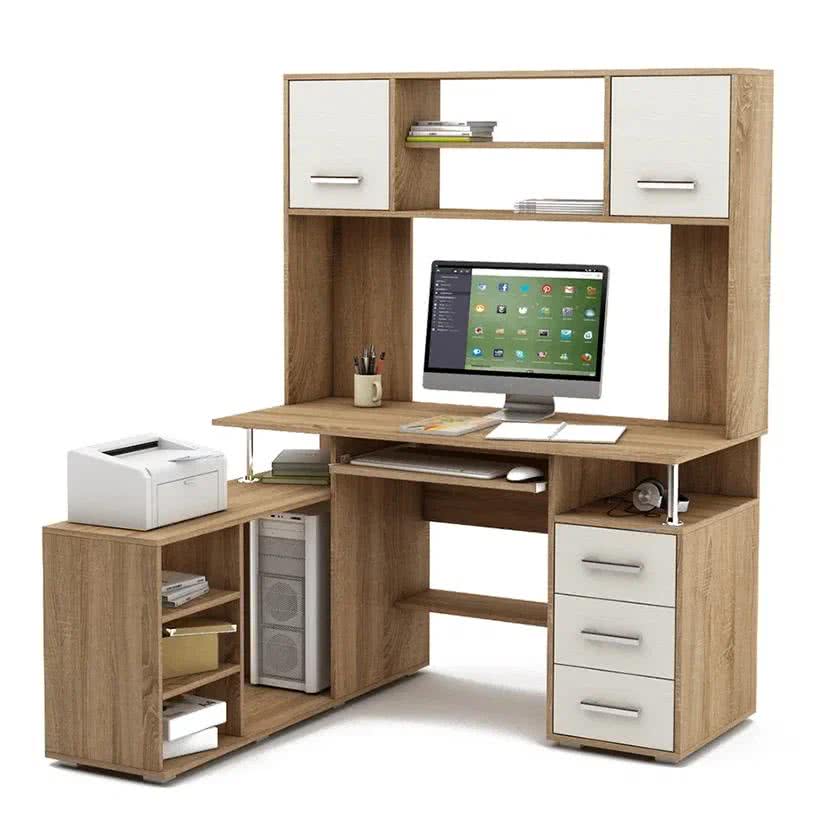 Компьютерный стол ВМФ Амбер-23К в светлом дереве с белыми фасадами, угловая конструкция, надстройка и ящики