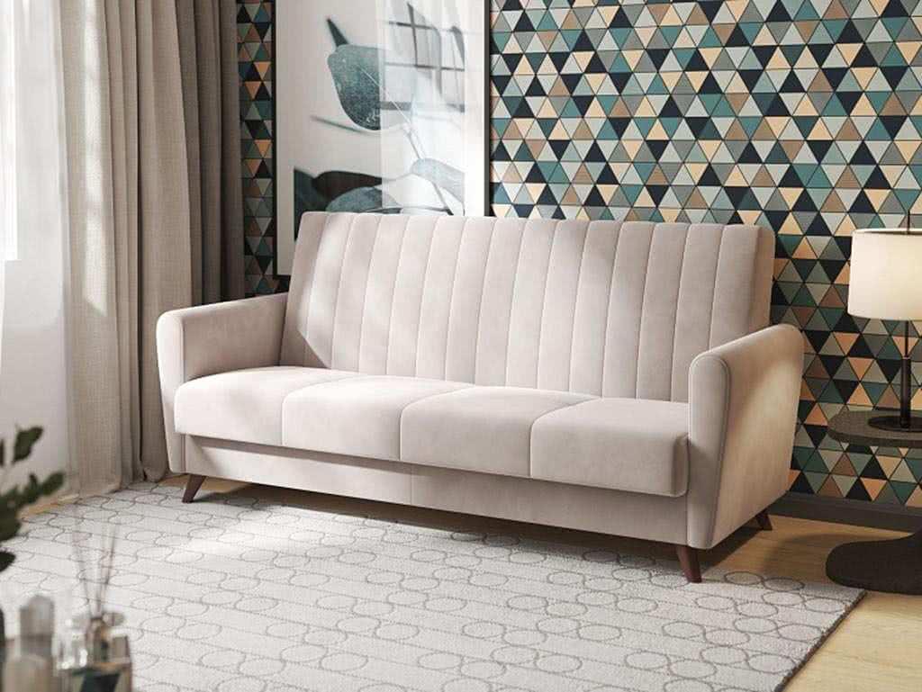 Диван-кровать Сильва Монако 3т Модель 002 в светлой велюровой обивке в гостиной, прямые линии, стильные ножки