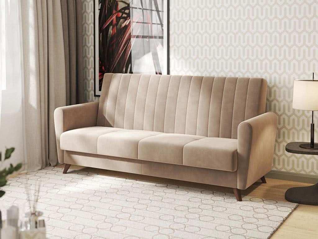 Бежевый диван-кровать Сильва Монако 3т в интерьере с мягким ковром и современным освещением