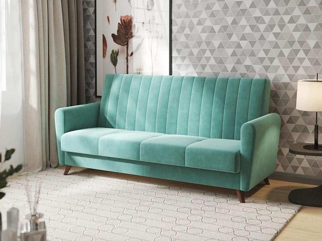 Мятный диван-кровать Сильва Монако 3т Модель 002 в современном интерьере, велюровая ткань