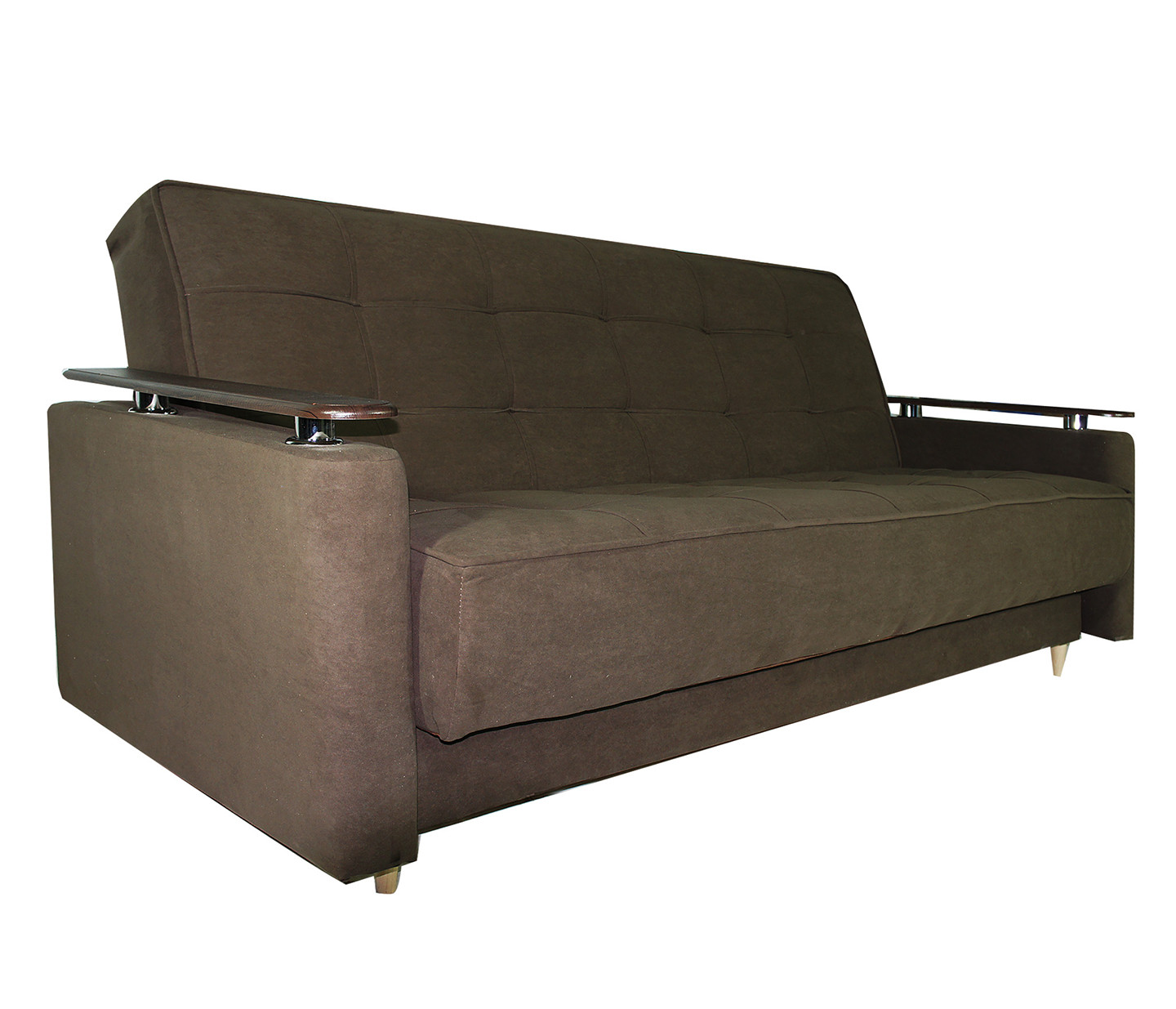 Диван София прямой, коричневый велюр, вид сбоку, лаконичный дизайн, деревянные ножки