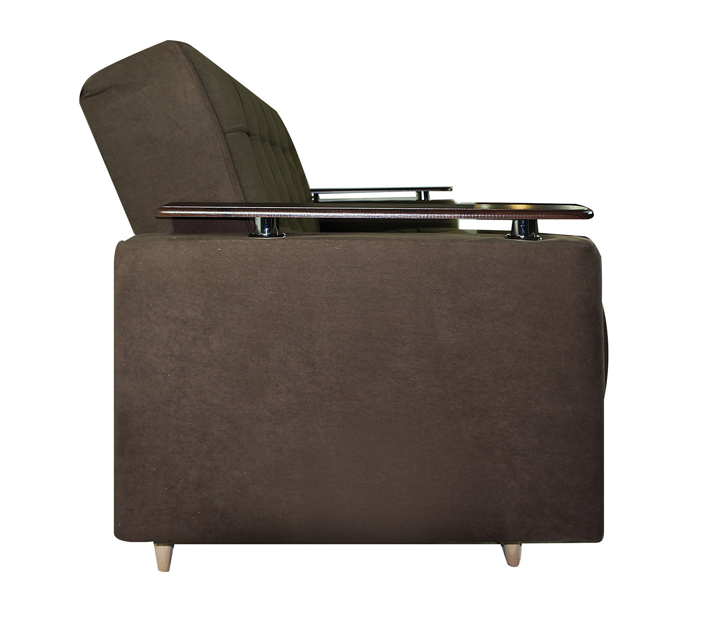 Боковой вид дивана София, деревянная накладка на подлокотнике, высокие ножки