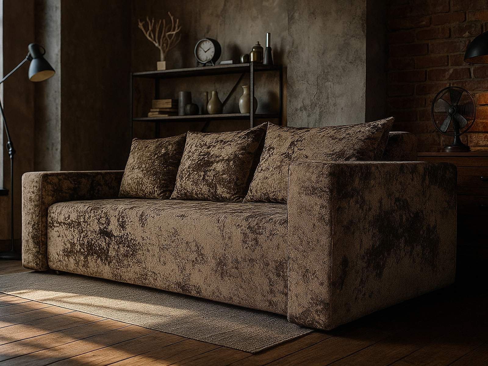 Диван Лаунж FotoDivan в современном интерьере, коричневая плюшевая ткань