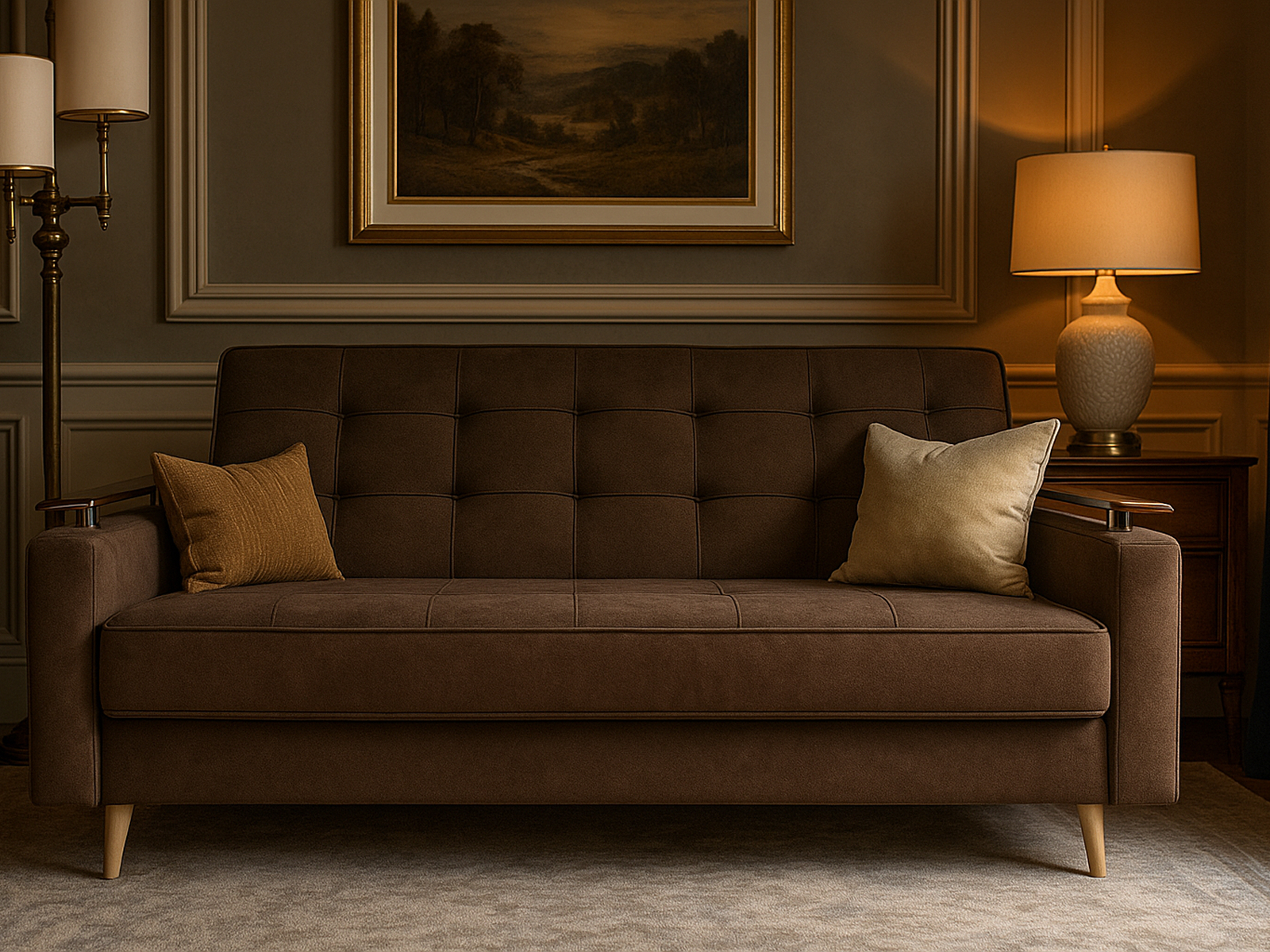 Диван София в интерьере гостиной, коричневая обивка, светлый ковер, декоративные подушки