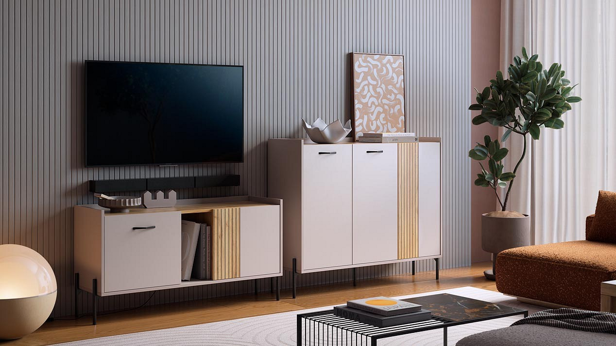 Гостиная Мебельсон Доминика комплект 2 в современном интерьере с ТВ и декором