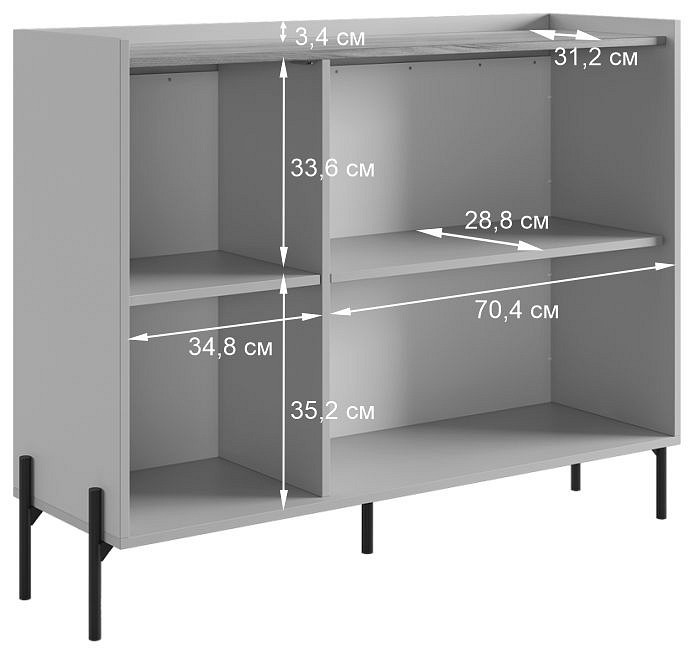 Внутренняя организация высокой тумбы Доминика с полками и размерами