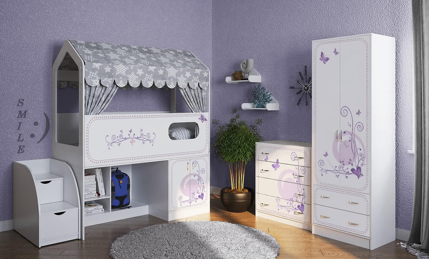 Кровать-чердак Фанки Домик Сказка ДС-12 с лесенкой (фотопечать)