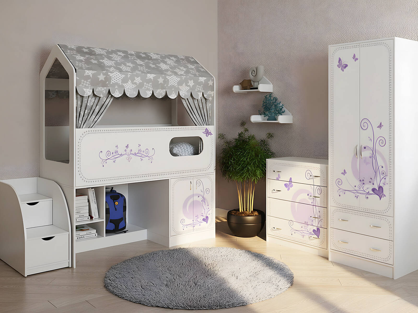 Кровать-чердак Фанки Домик Сказка ДС-12 с лесенкой в детской, белый цвет с сиреневой фотопечатью, игровая зона и шкаф