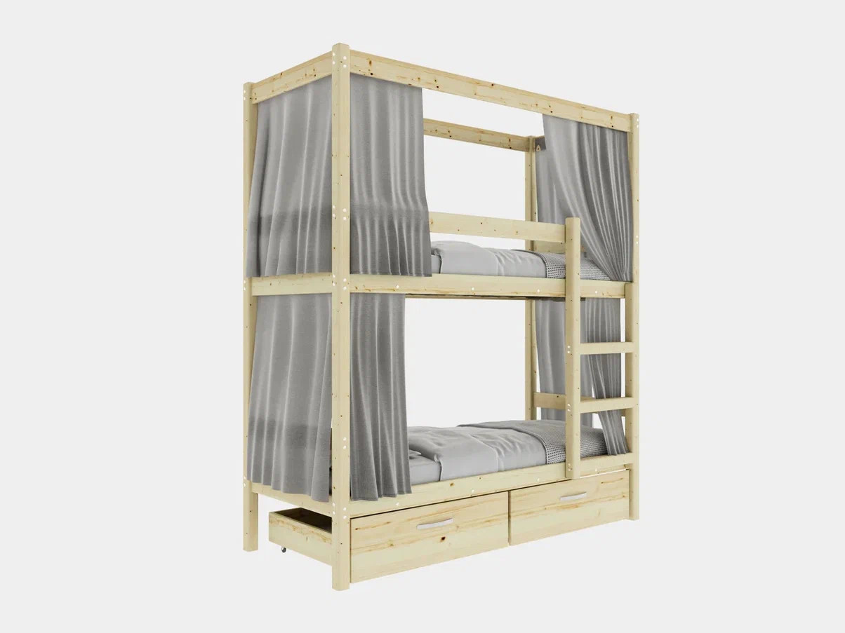 Двухъярусная кровать Green Mebel с занавесками на верхнем и нижнем ярусе, натуральное дерево