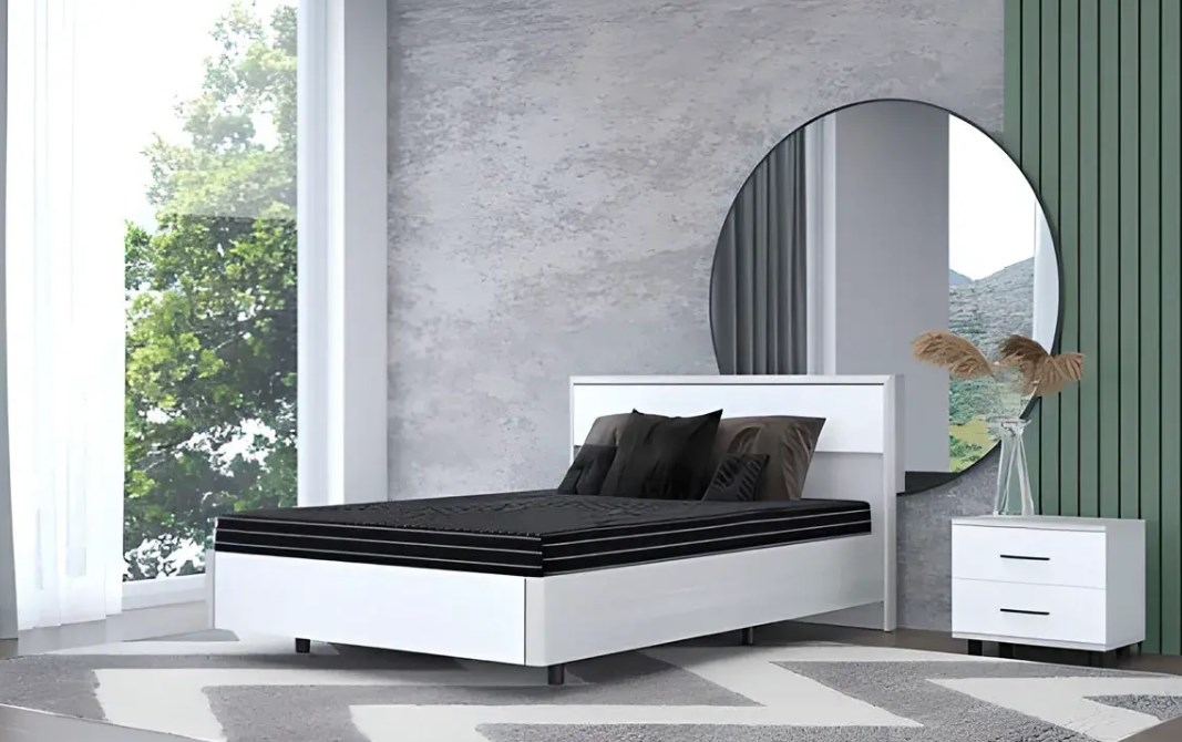 Белая кровать Лером Грейс КР-5002 140х200 с черным матрасом и тумбой