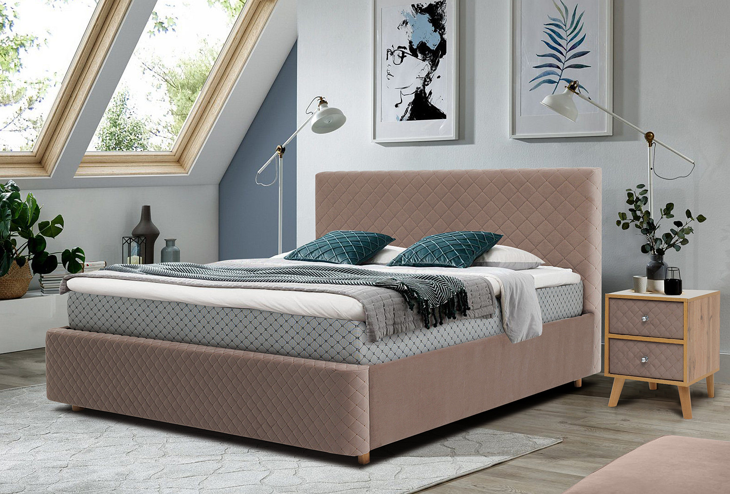 Кровать Сон Сервис Galaxy ПМ в мягкой велюровой обивке в современном интерьере спальни