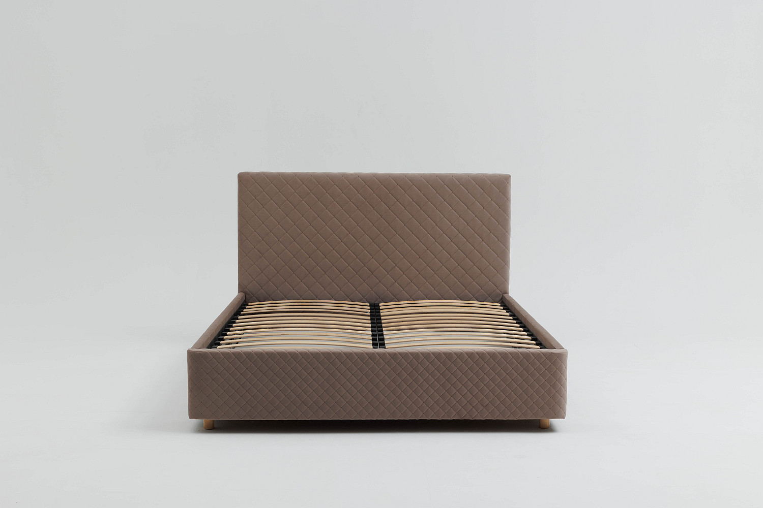 Вид спереди на кровать Galaxy ПМ Сон Сервис с ламелями и мягкой отделкой