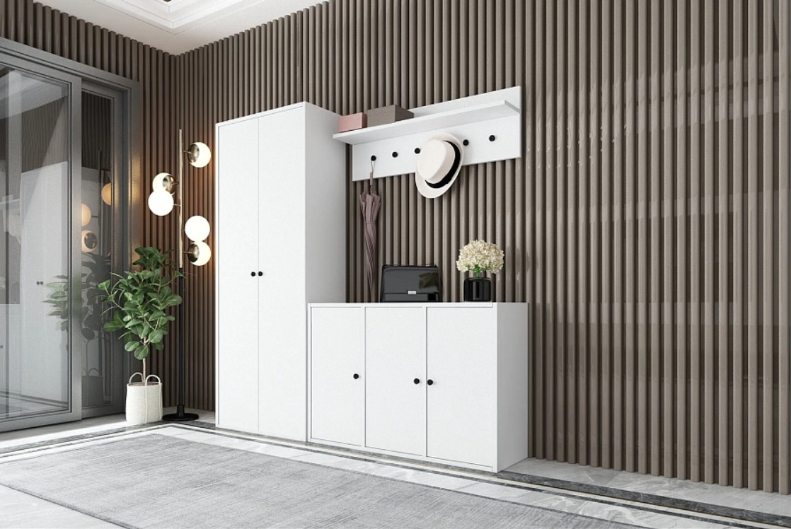 Прихожая Fiesta Билли 14 белого цвета, комплект со шкафом, тумбой и настенной панелью в современном интерьере