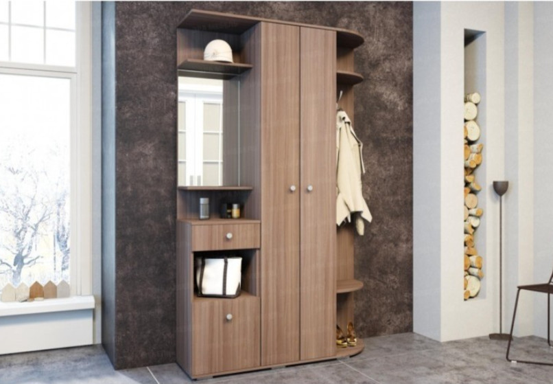 Прихожая Эра Виза ясень шимо темный в интерьере с зеркалом, шкафом и полками