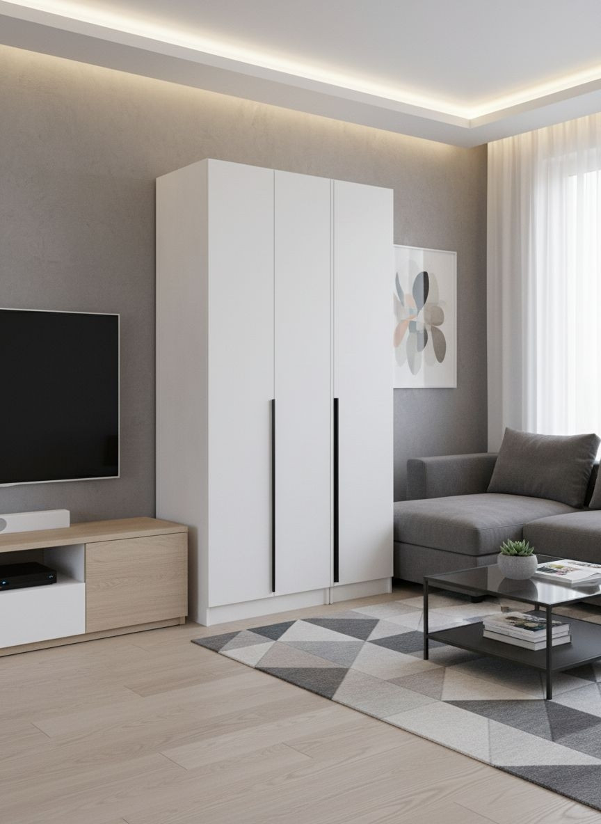 Шкаф Domani Мадрид белый в интерьере гостиной рядом с серым диваном и ТВ-зоной
