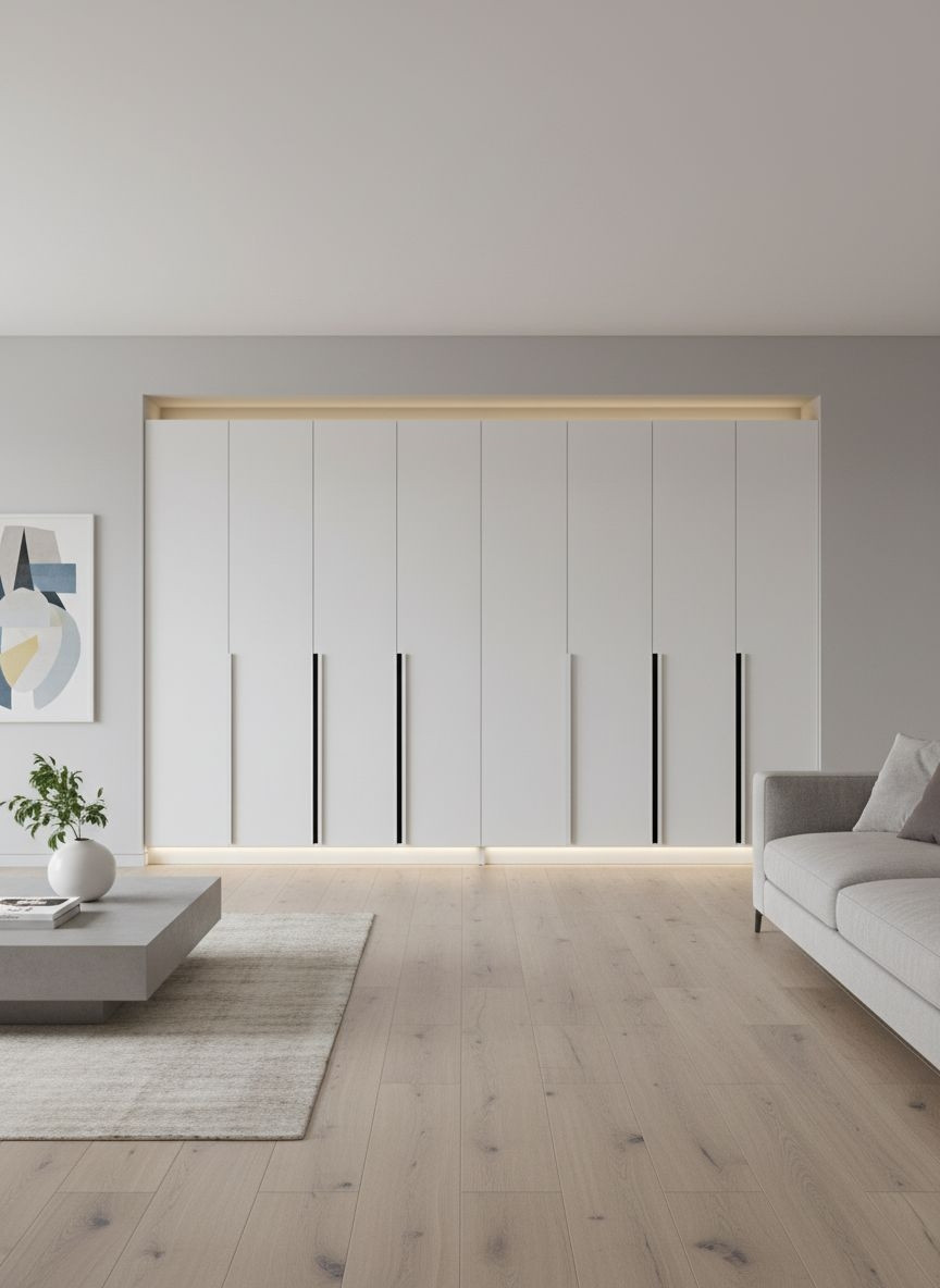 Белый шкаф Domani Мадрид в современном интерьере гостиной со светлой отделкой