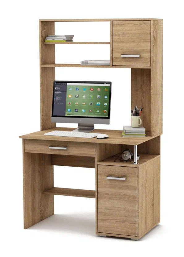 Компьютерный стол ВМФ Амбер-13Я светлый дуб с полками, ящиком и надстройкой