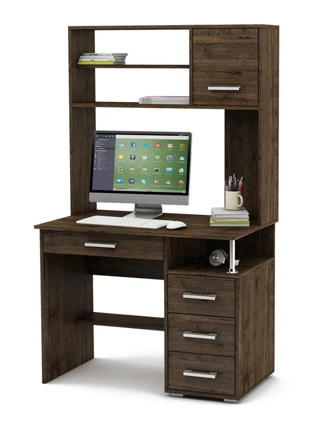 Компьютерный стол ВМФ Амбер-15Я с надстройкой, ящиками и полками, темный дуб