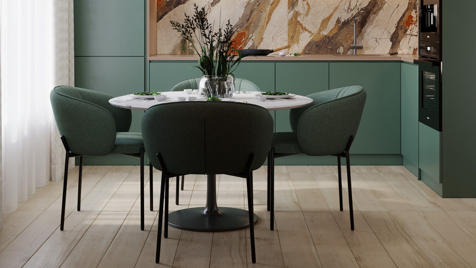 Обеденная зона с четырьмя стульями Hesby Whispered у круглого стола в кухне