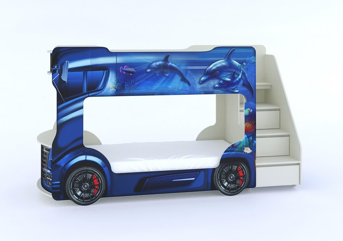 Кровать-машинка двухъярусная Автобус синий распродажа — акции и скидки