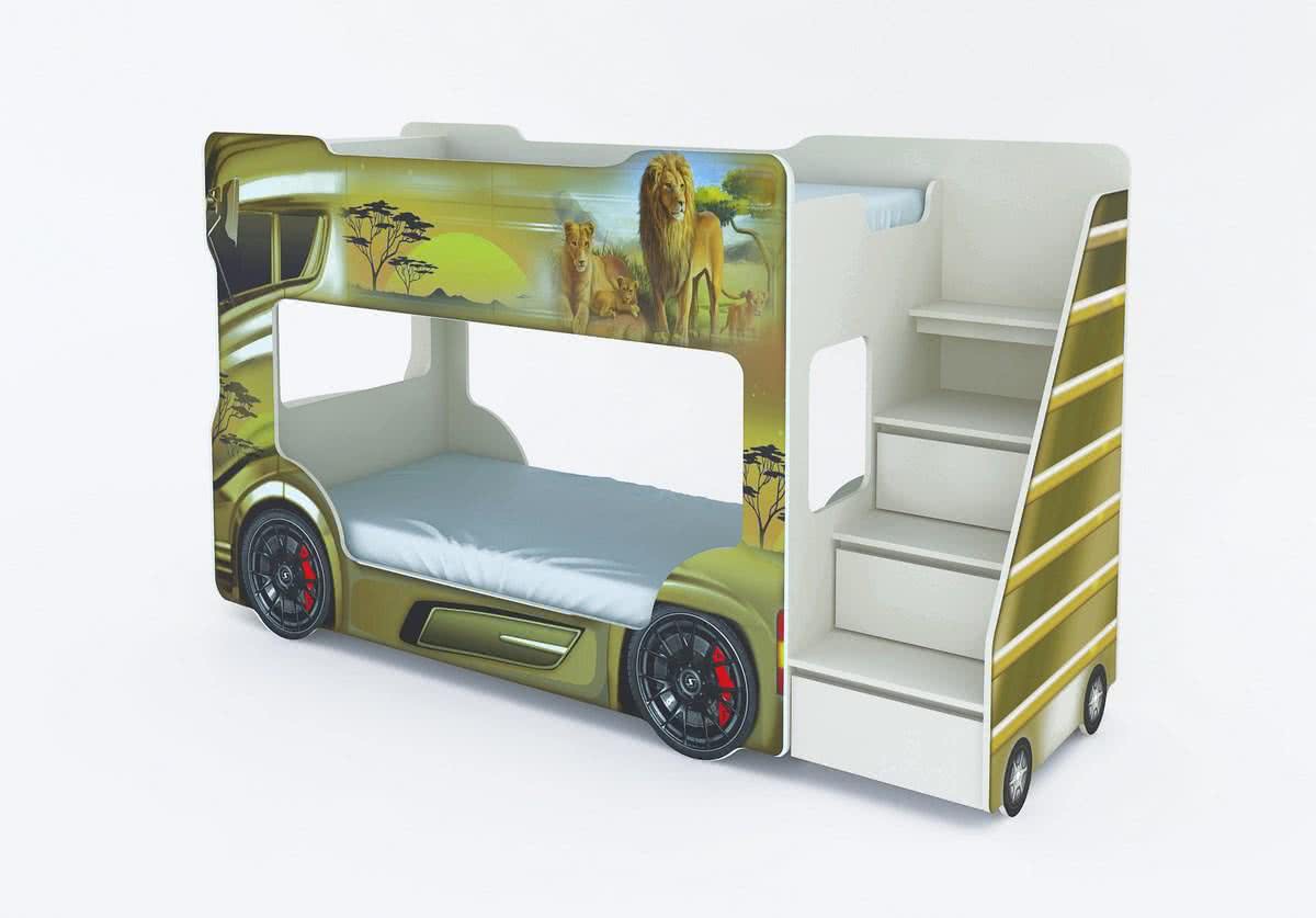 Кровать-машинка двухъярусная Автобус бежевый