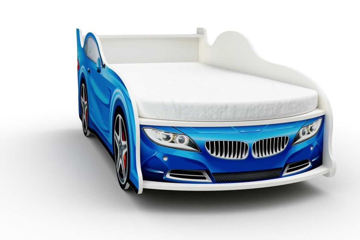 Кровать-машинка БМВ мини с матрасом Бети хлопок синий