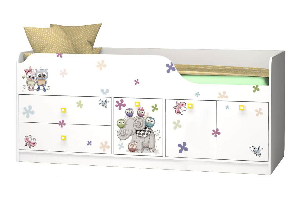 Кровать Премиум Совенок-3 с ящиками с фотопечатью белый